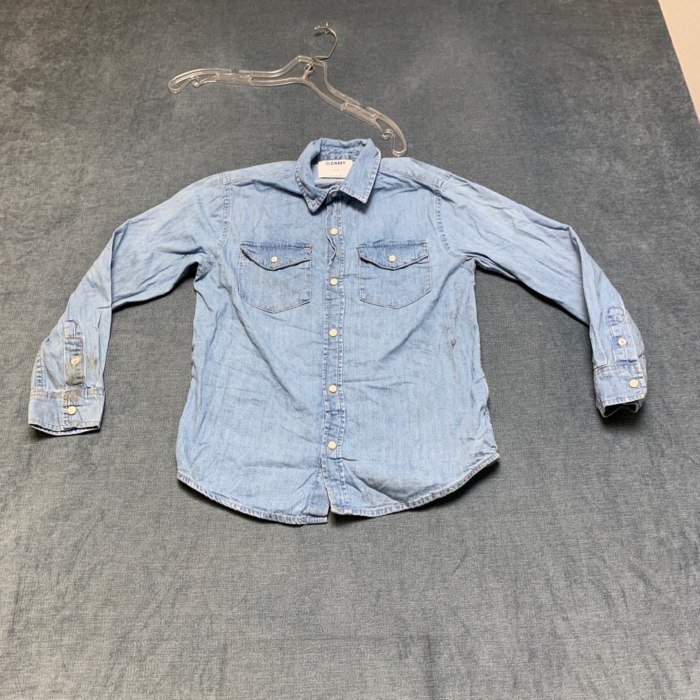 Old Navy Denim Shirt Boys Large 10-12 Blue Light Wash Button Front Chest Pockets